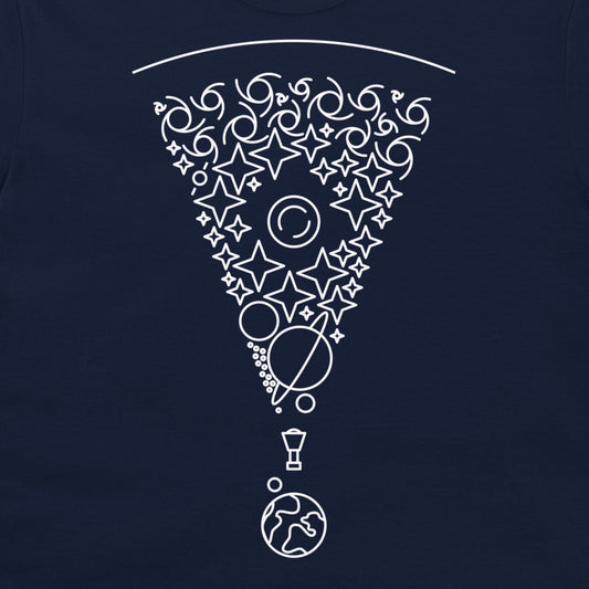 A close-up of a navy blue garment, likely a t-shirt, featuring a white graphic print of a pizza slice filled with celestial motifs like stars, planets, and moons.