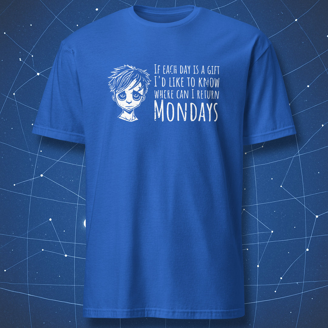 funny weekday shirt on royal blue fabric showing sleepy cartoon face and Monday joke text