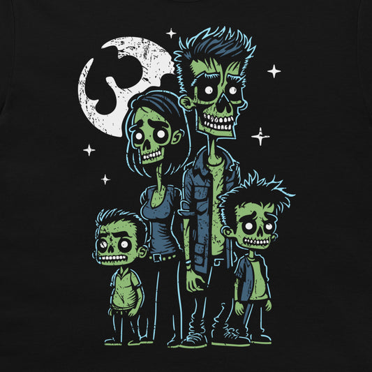 A graphic print on a black t-shirt featuring a stylized cartoon illustration of a family of four zombies under a crescent moon and stars.