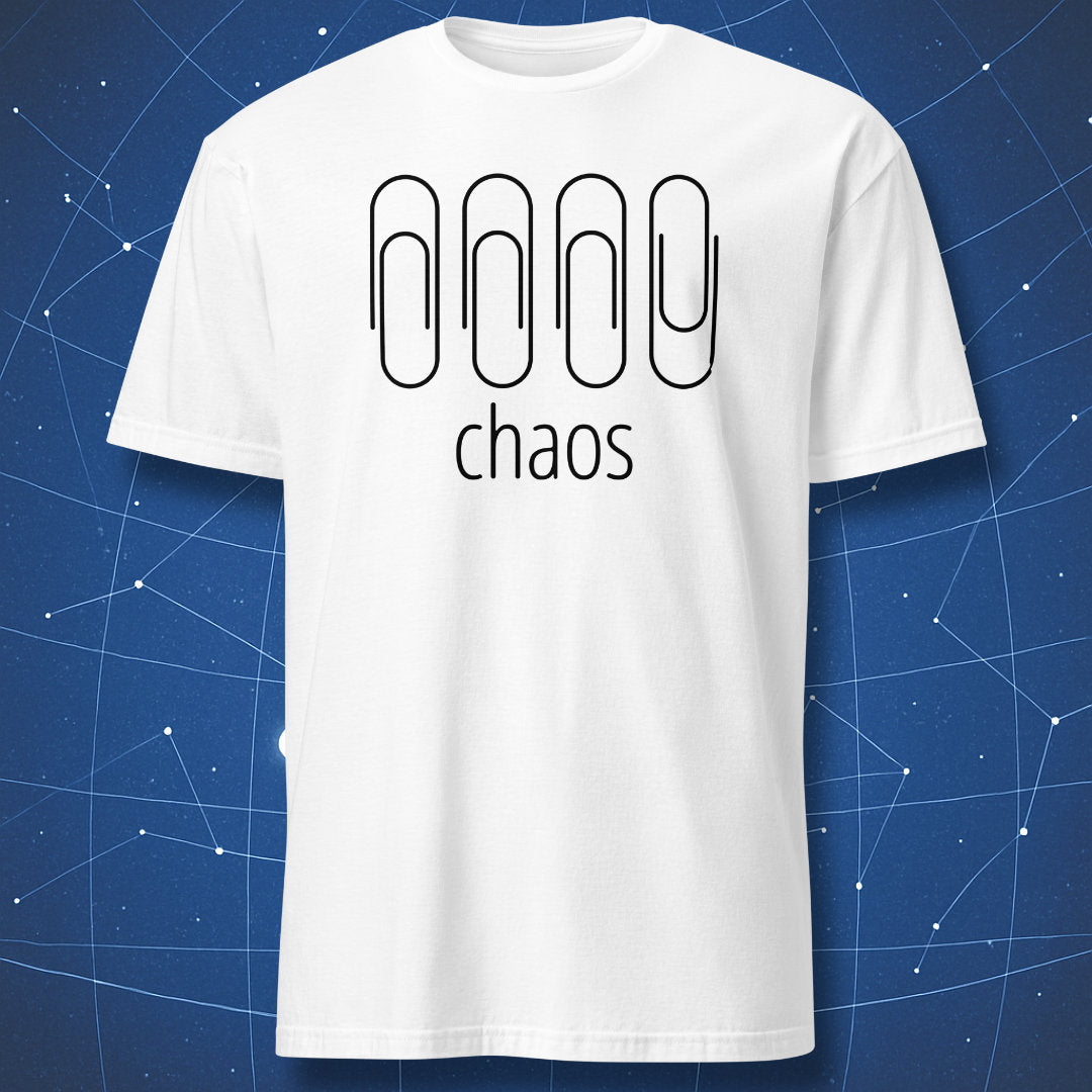 clean modern humor T-shirt on white background featuring paperclip arrangement with one out of order and chaos text
