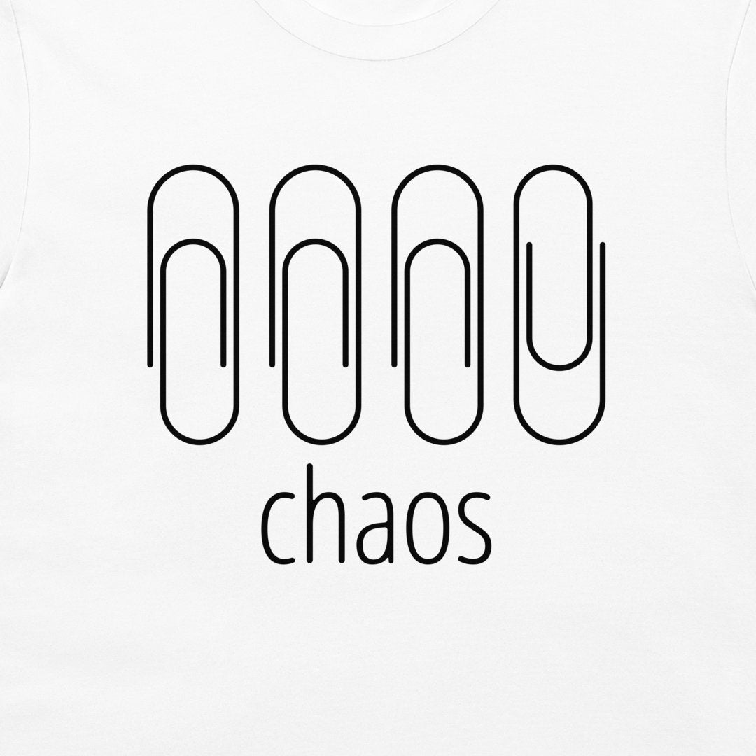 White long-sleeve t-shirt featuring a black graphic of four paperclip-like shapes above the word 'chaos' in lowercase serif font.