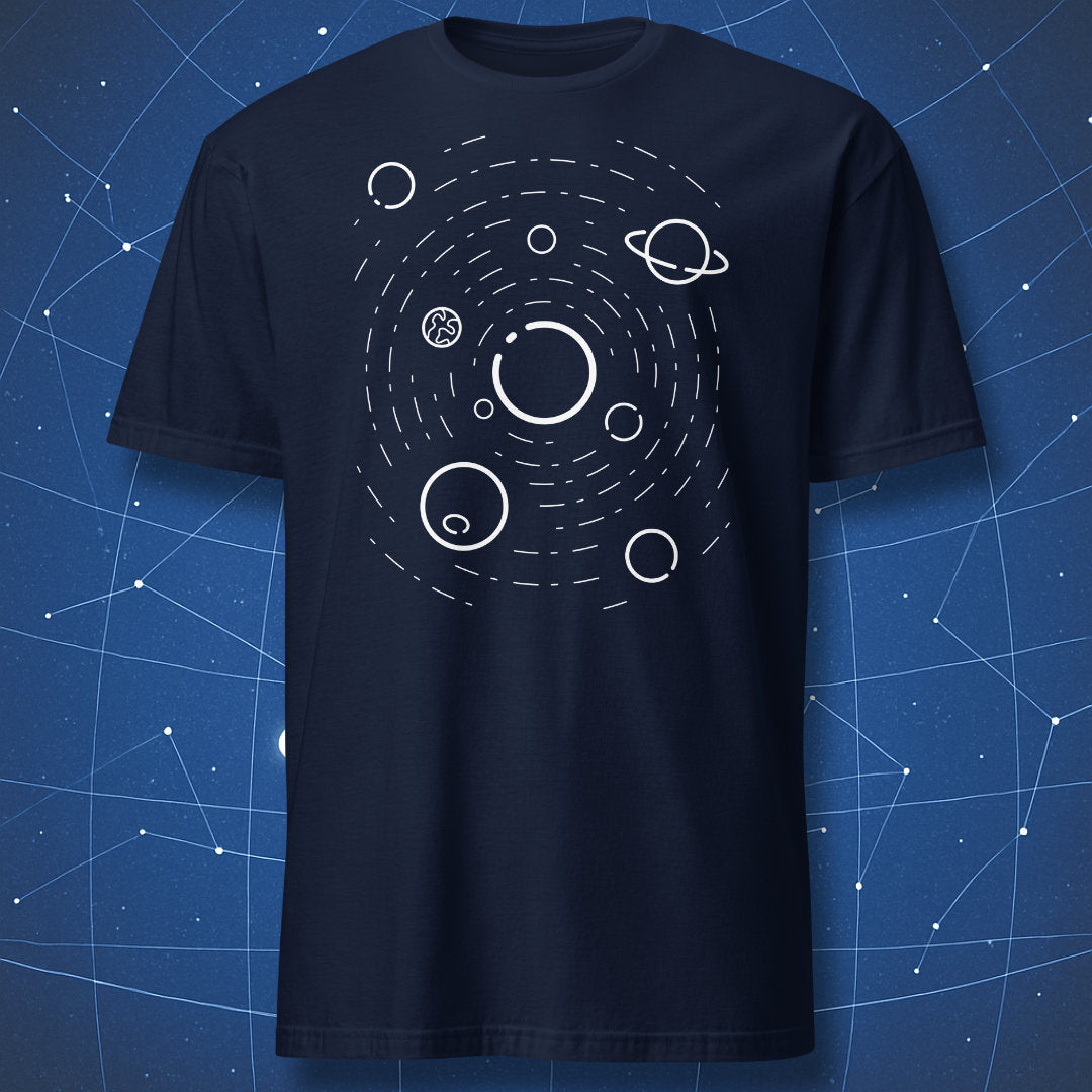 space-inspired T-shirt on navy fabric showing minimalist white planet orbits forming solar system design