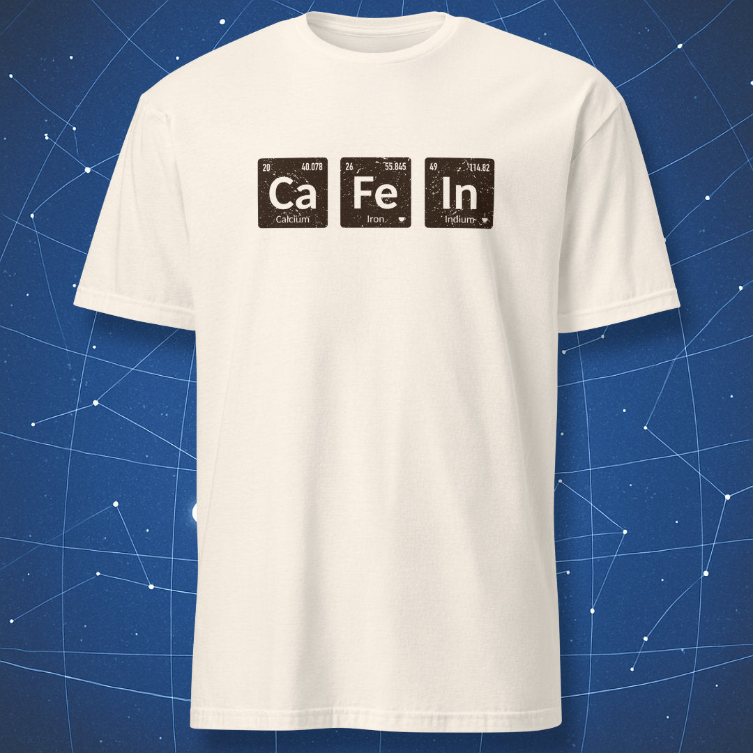 science and coffee lover T-shirt on beige natural fabric showing caffeine spelled using element symbols