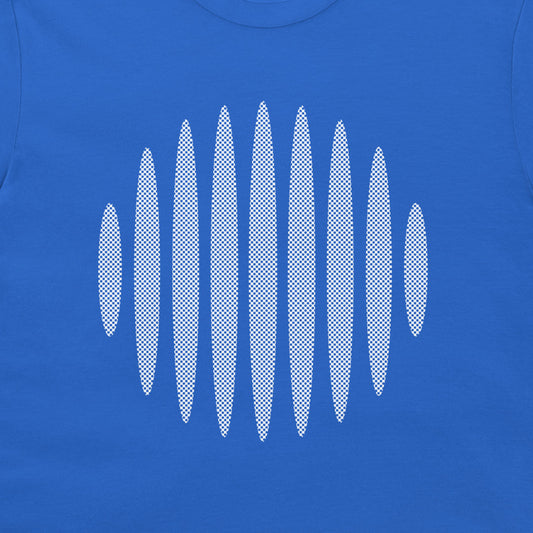 A close-up of a royal blue garment, likely a t-shirt, featuring a white halftone oval graphic pattern across the chest.