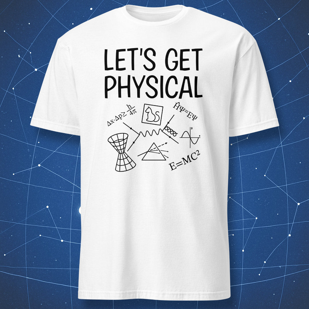funny physics T-shirt on white fabric with black line art of science symbols and bold text “Let’s Get Physical” in minimalist style