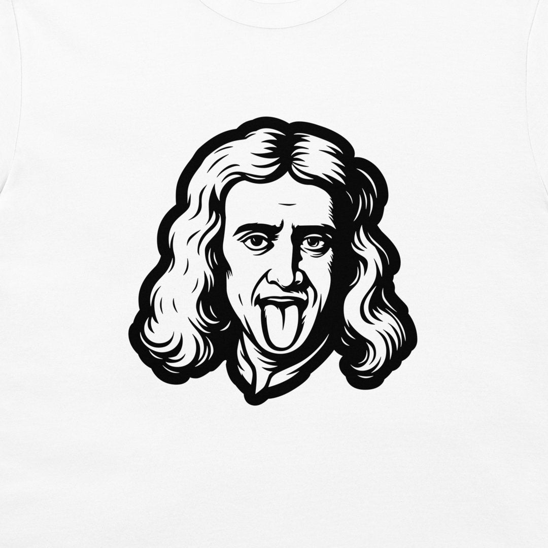 A white short-sleeve crewneck t-shirt featuring a bold black graphic print of a cartoon face with long wavy hair and a tongue sticking out.