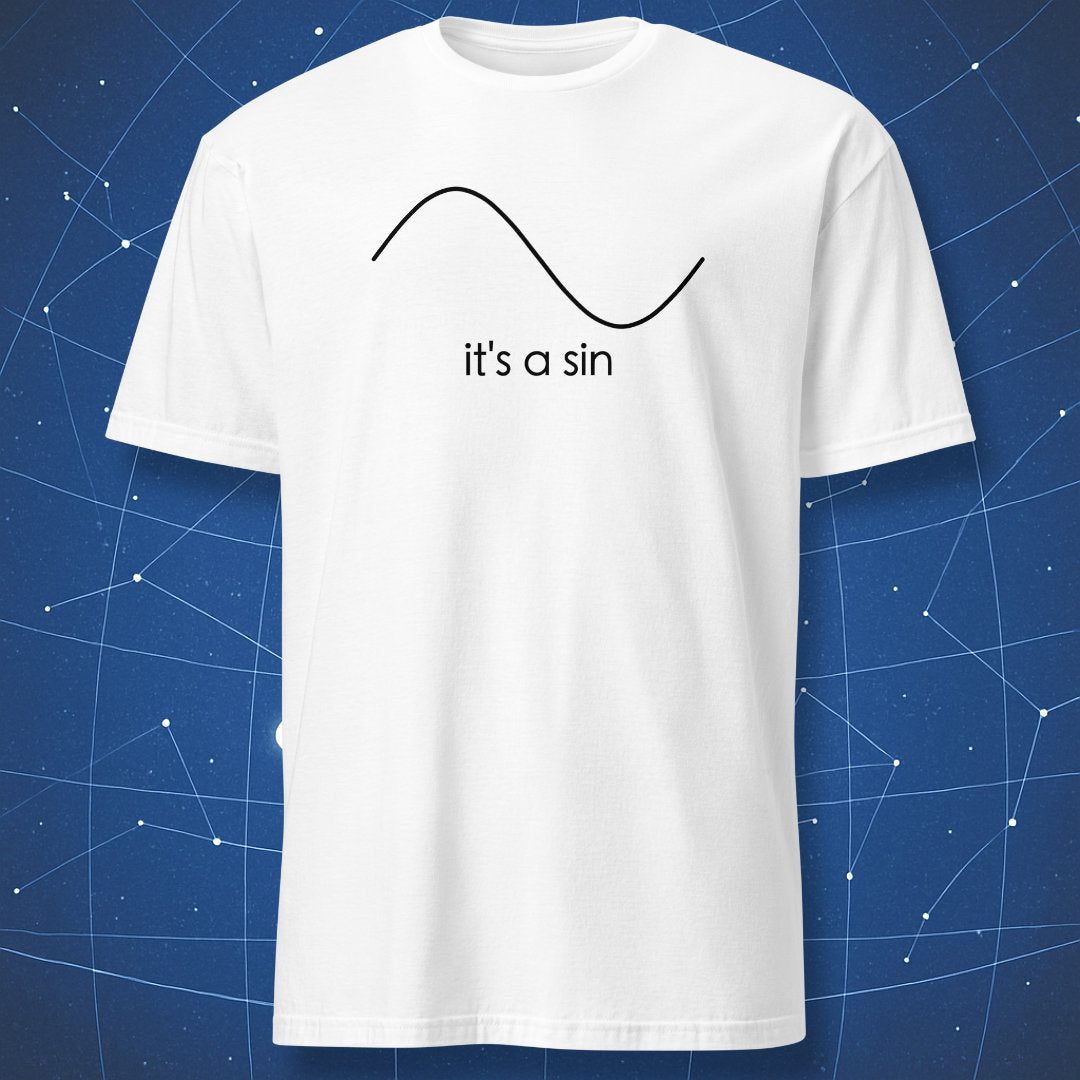 White T-shirt with black sine wave curve and caption “it’s a sin.” Minimalist math humor design.