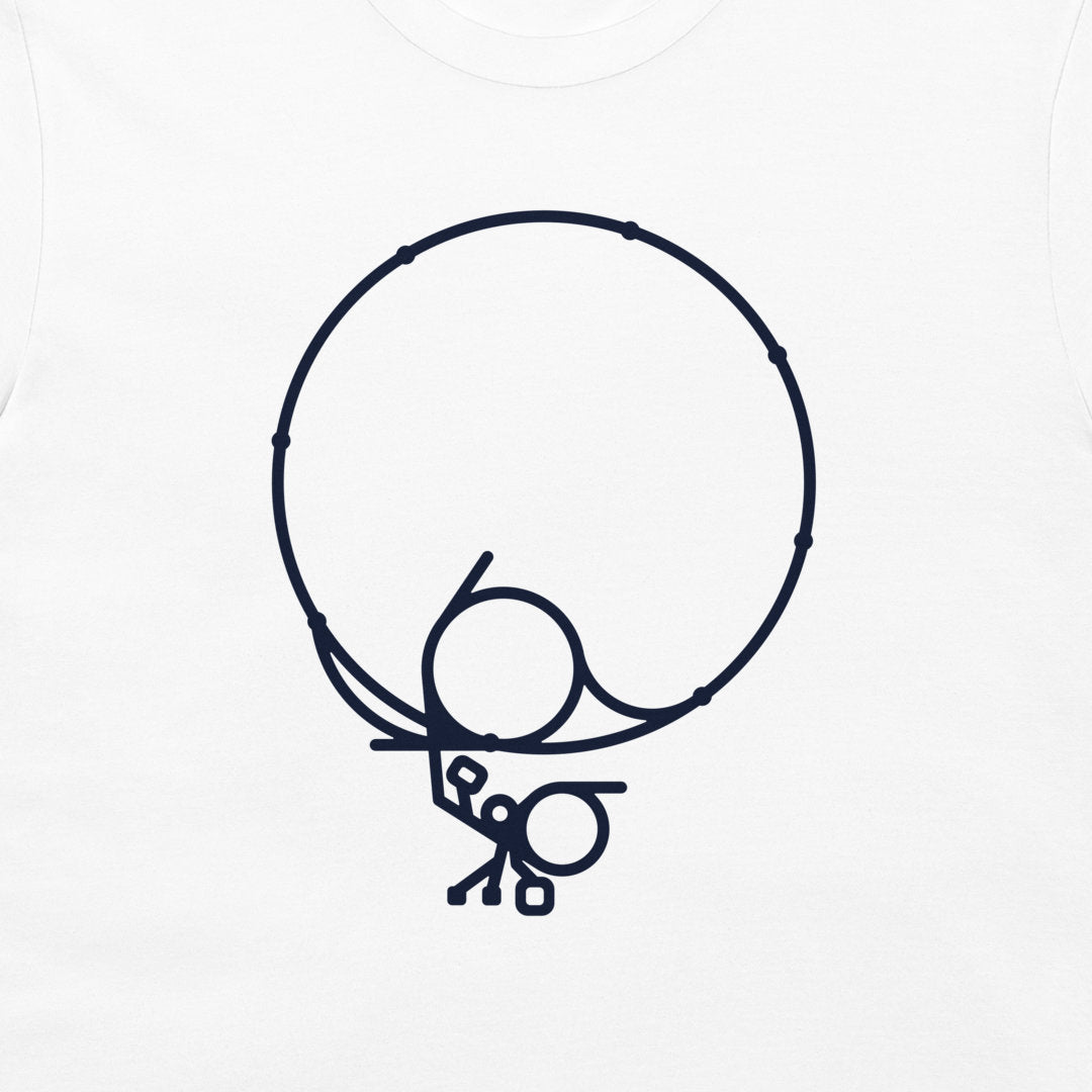 A close-up of a white fabric surface with a dark navy line-art graphic showing a minimalist stick figure inside a large circle.