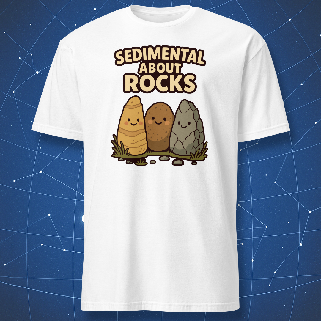 White T-shirt with a cheerful illustration of three friendly rocks and the phrase “Sedimental About Rocks” — cute pun tee for geology lovers.