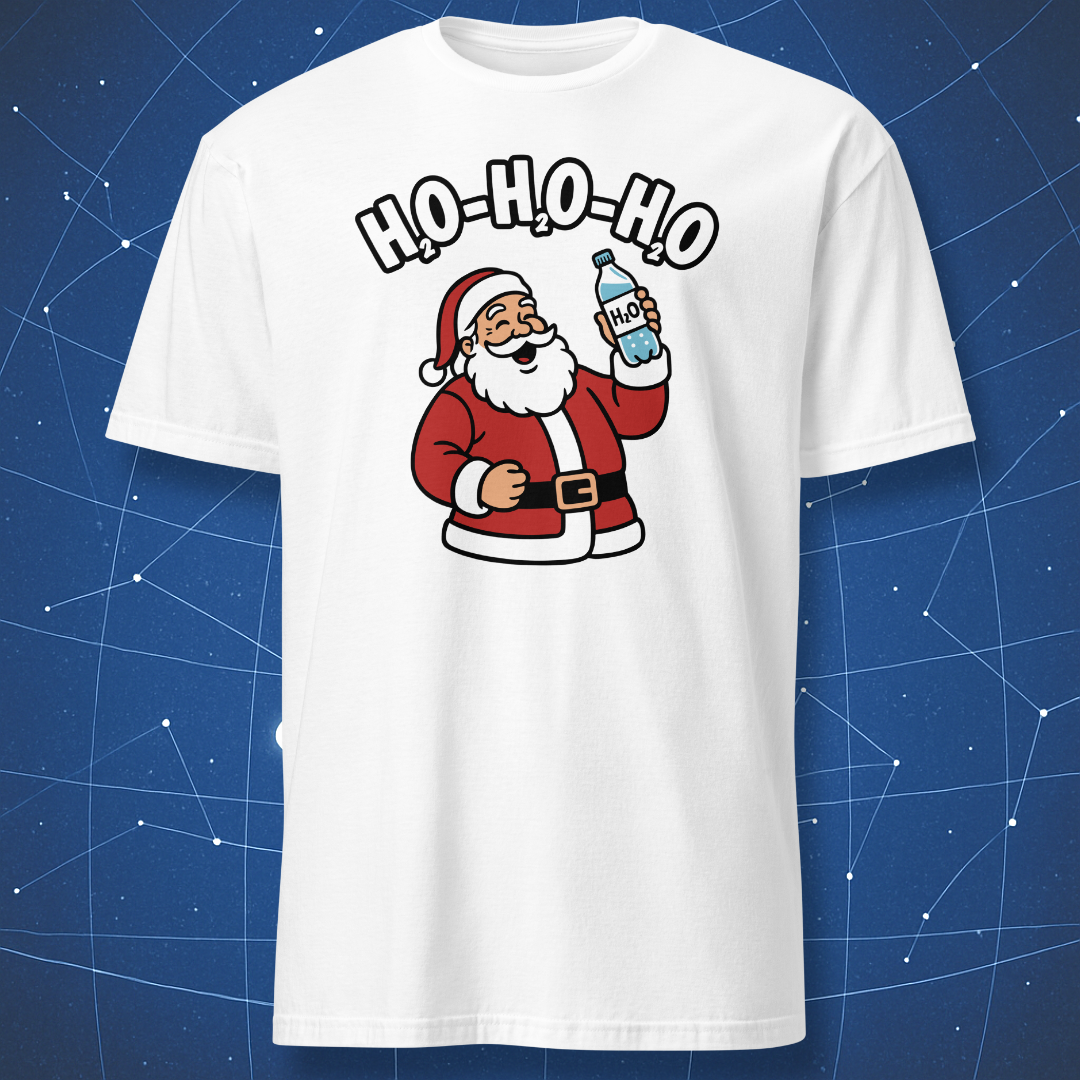 White T-shirt with Santa Claus illustration holding a bottle of H₂O and the joke “H₂O-H₂O-H₂O” — chemistry Christmas humor tee.