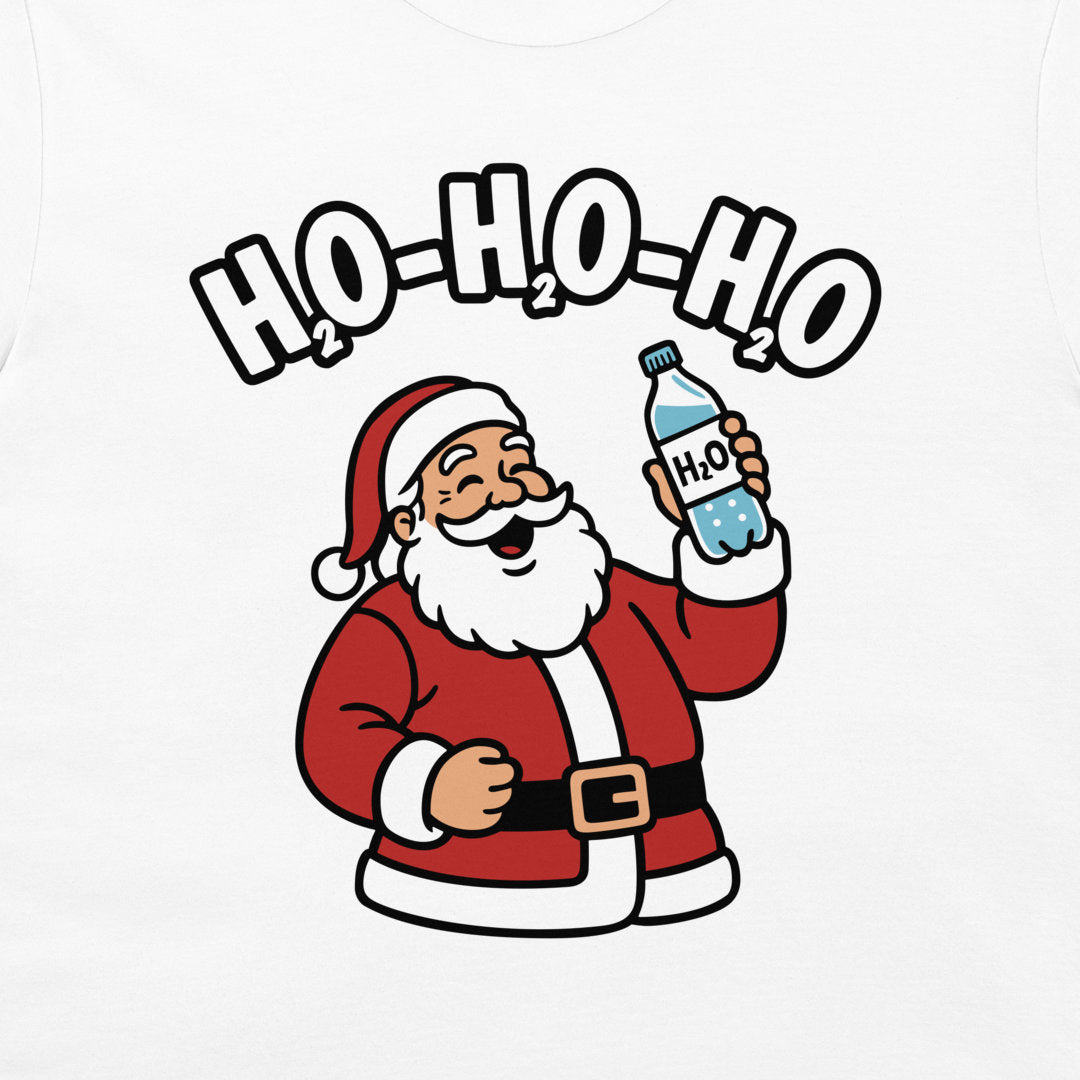 A white crewneck t-shirt featuring a cartoon graphic of Santa Claus holding a bottle of H2O, with the text 'HO-HO-HO' arched above him in a black-and-white bubble font.