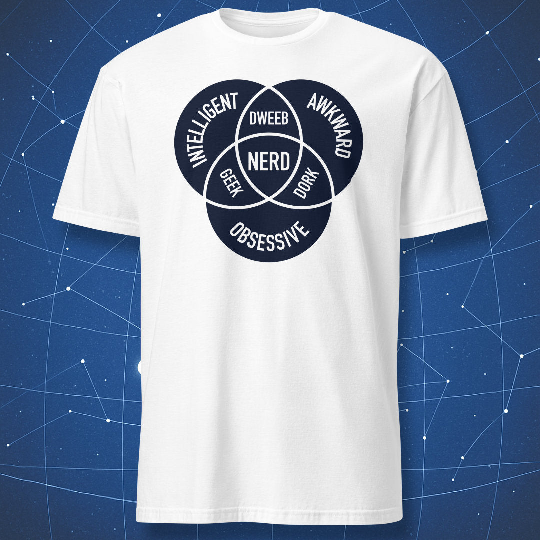 White T-shirt with black “Nerd Diagram” design mapping the difference between nerd, geek, dork, and dweeb — minimalist science humor tee.