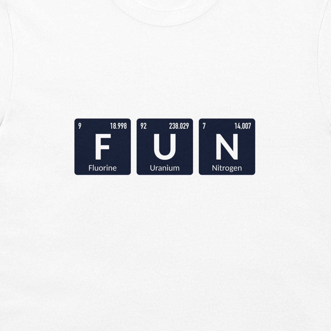 A white crewneck t-shirt featuring a graphic of three dark blue periodic table style tiles spelling out the word 'FUN' with white text.