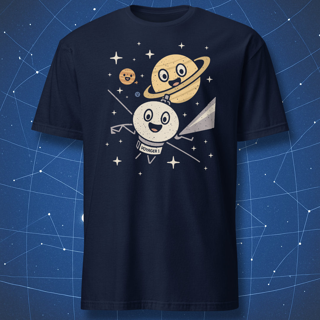 Navy T-shirt with adorable Voyager 1 spacecraft illustration and happy planets – funny astronomy and NASA-inspired shirt by DorkMatter.