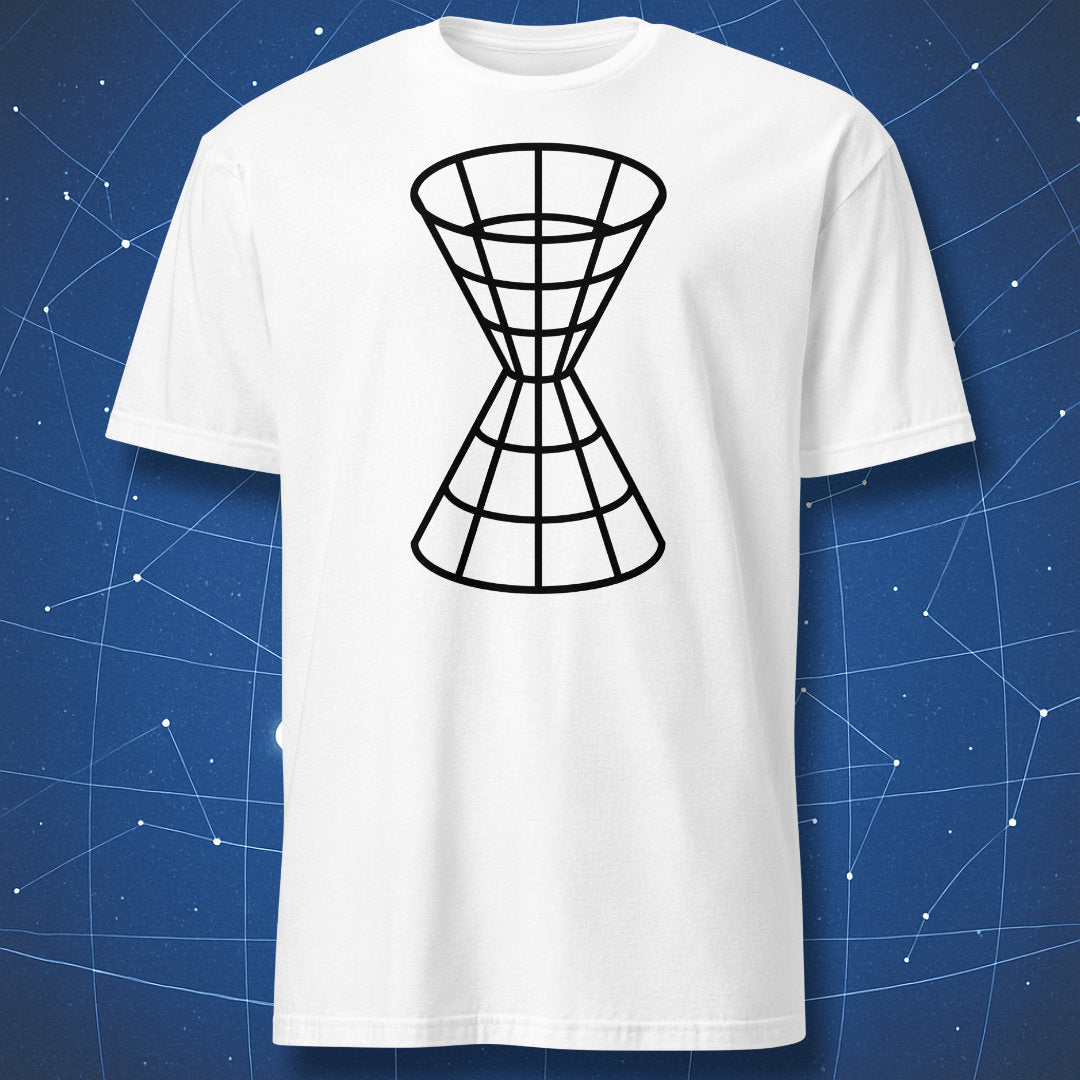 White T-shirt with black wireframe light cone representing time and spacetime geometry β minimalist relativity shirt by DorkMatter.