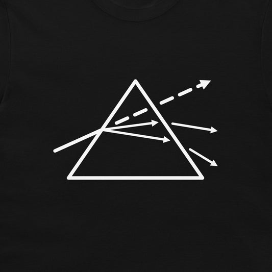 A close-up of a black garment, likely a t-shirt, featuring a white graphic print of a prism with light rays passing through it.