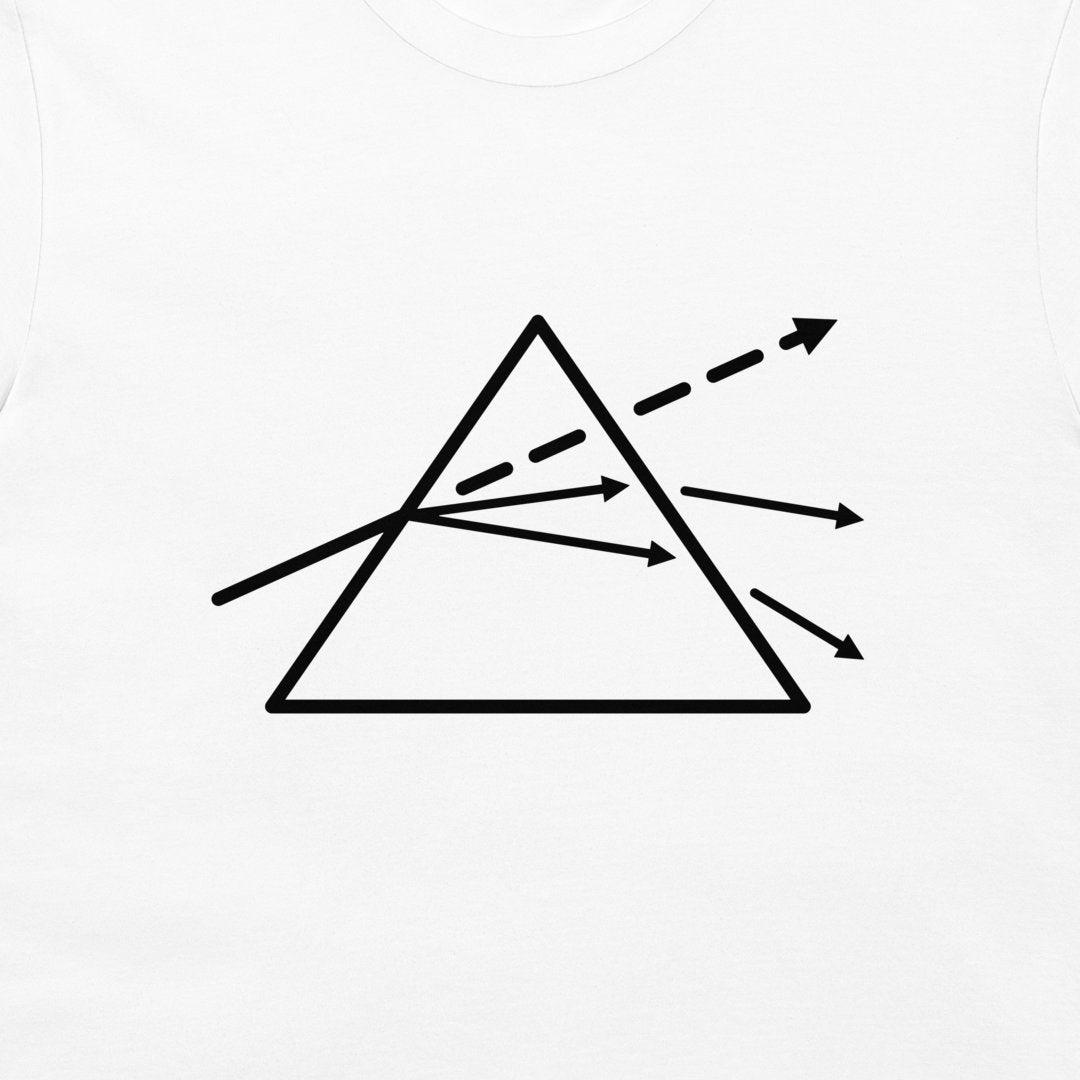 A white long-sleeve t-shirt featuring a black graphic print of a prism with light rays passing through it.