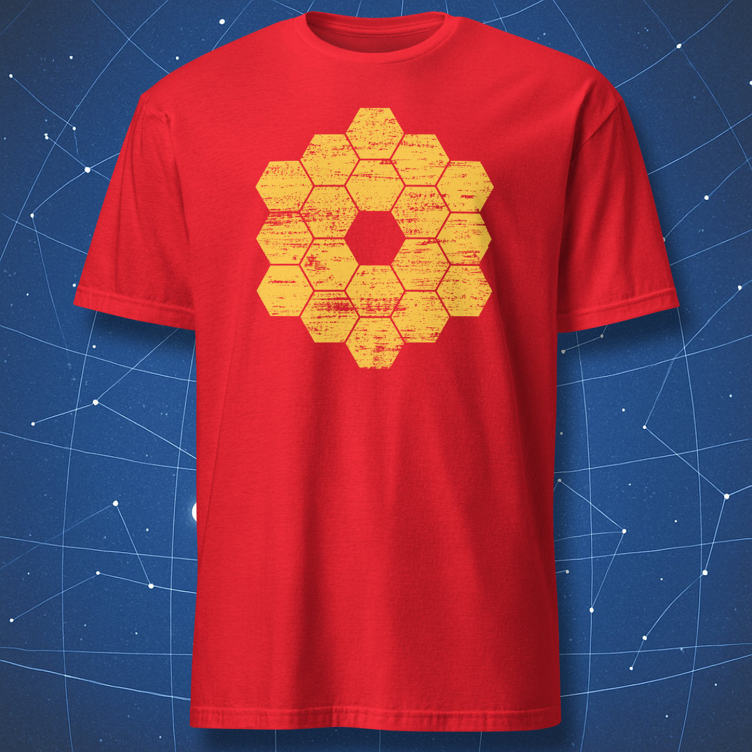 Red T-shirt with distressed geometric JWST mirror design β minimalist space science shirt by DorkMatter.