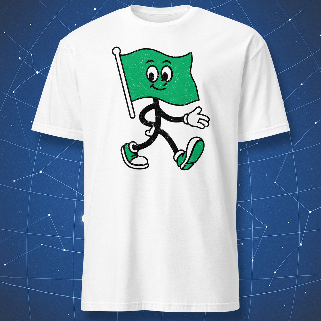 White T-shirt with cheerful green flag cartoon character walking forward – funny relationship humor shirt by DorkMatter.