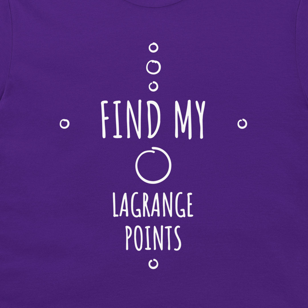A close-up of a purple t-shirt featuring a white graphic print that reads 'FIND MY LAGRANGE POINTS' with abstract circle and dot illustrations.