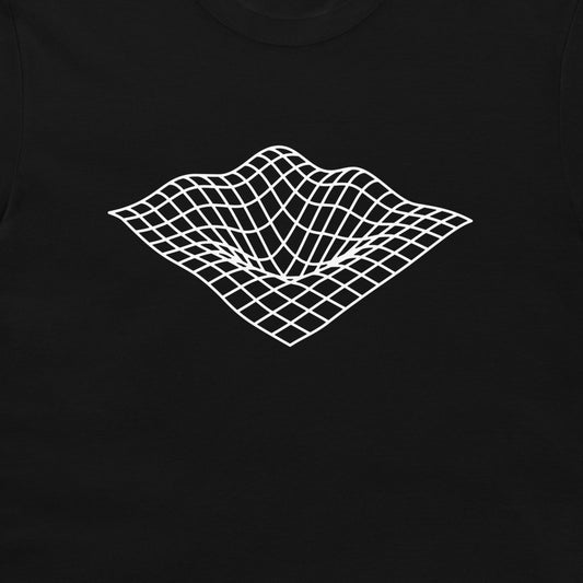 A close-up of a black t-shirt, featuring a white 3D wireframe grid graphic on the chest that depicts a warped surface.