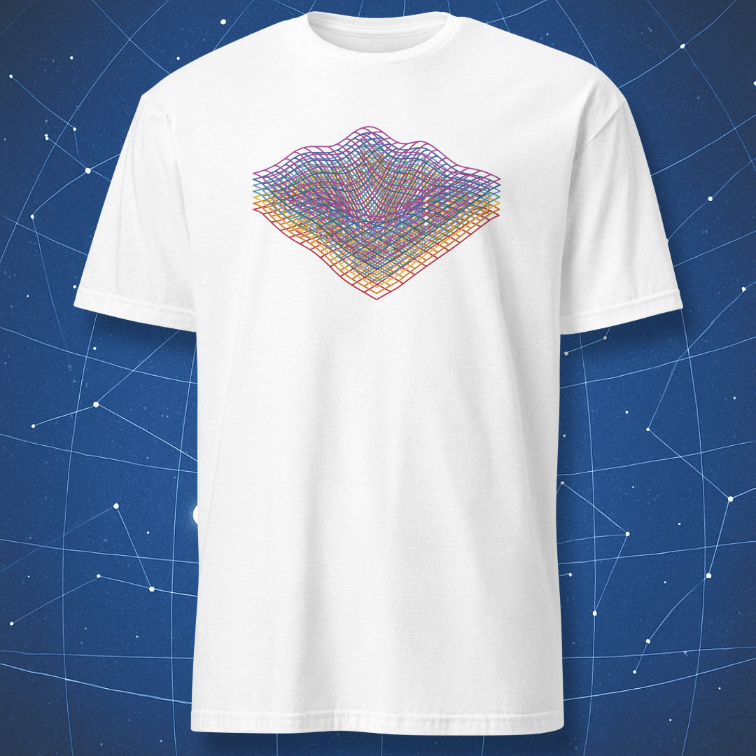 Quantum Field T-shirt – minimalist black geometric grid symbolizing a wave field, clean science design on white background.