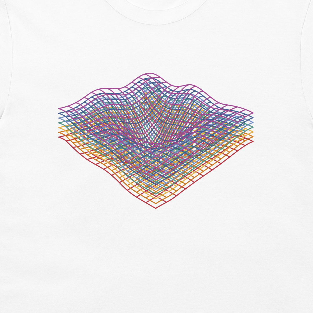 A white t-shirt featuring a colorful graphic print of a multi-layered 3D grid surface with wavy peaks in shades of purple, blue, green, yellow, and orange.