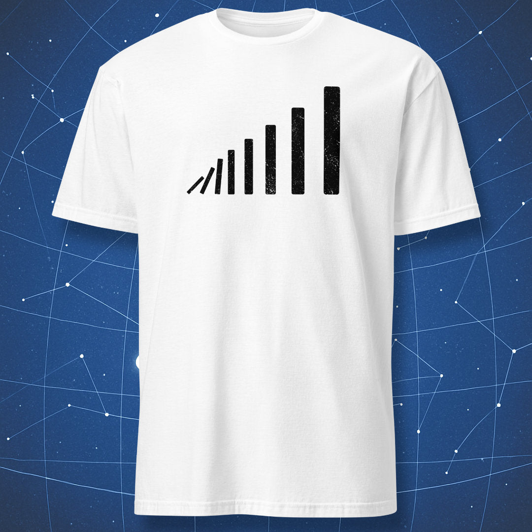Black domino effect design – falling domino bars in perspective, minimalist pattern on white T-shirt.
