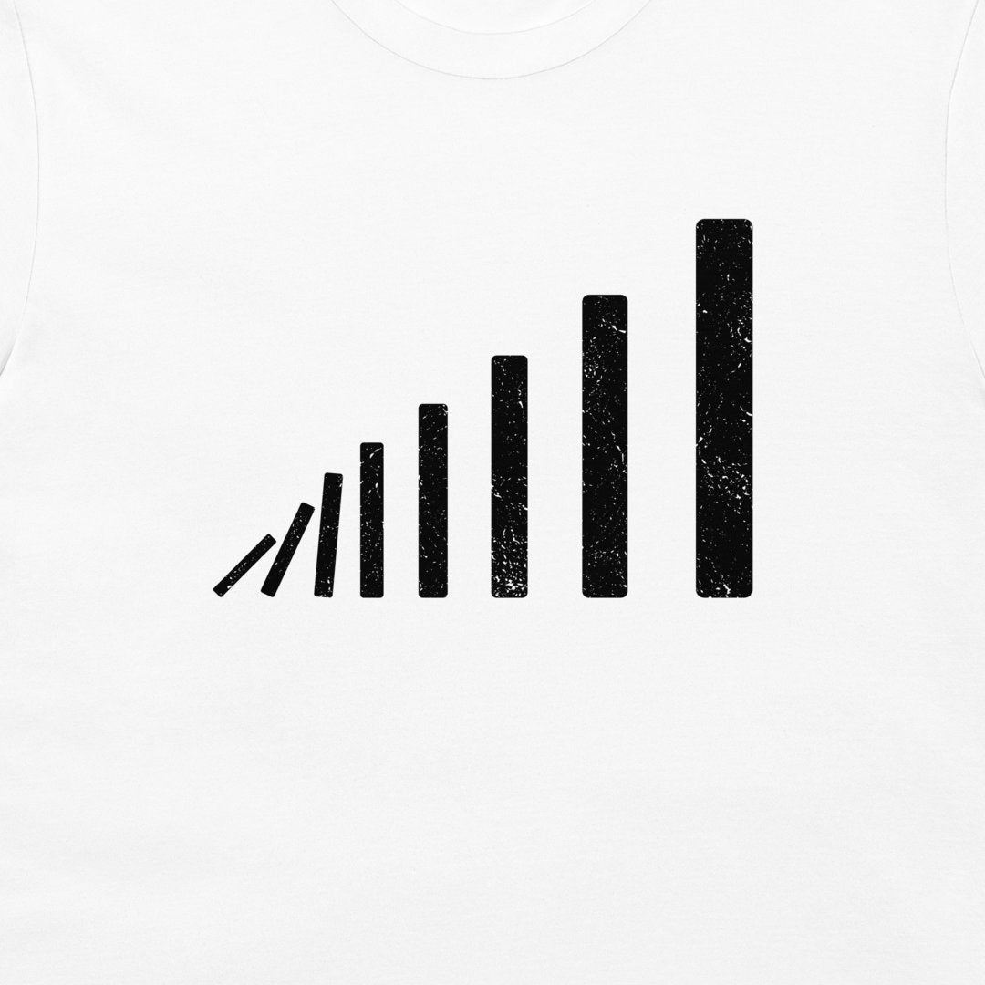 A close-up of a black domino effect design – falling domino bars in perspective, minimalist pattern on white T-shirt.