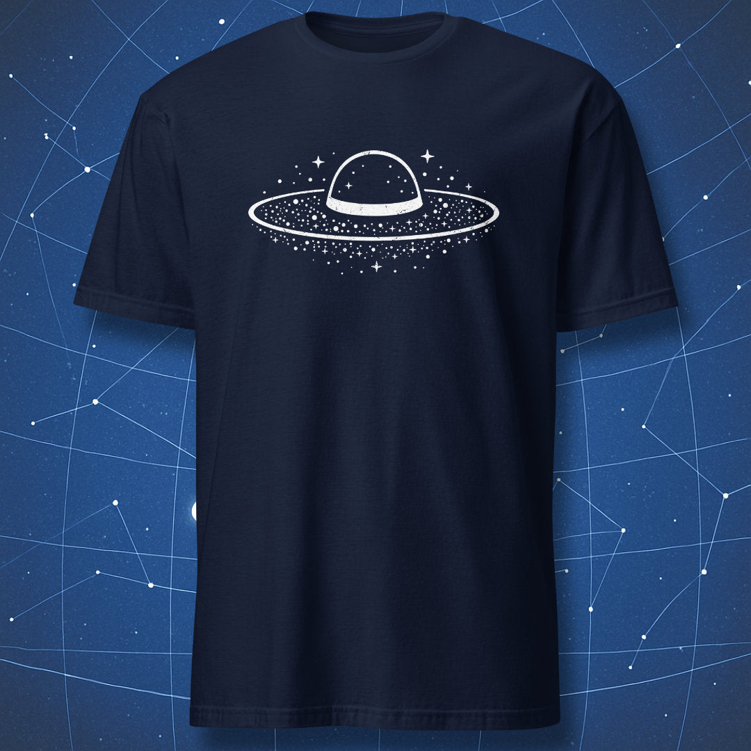 White space-aesthetic Sombrero Galaxy graphic on navy astronomy shirt