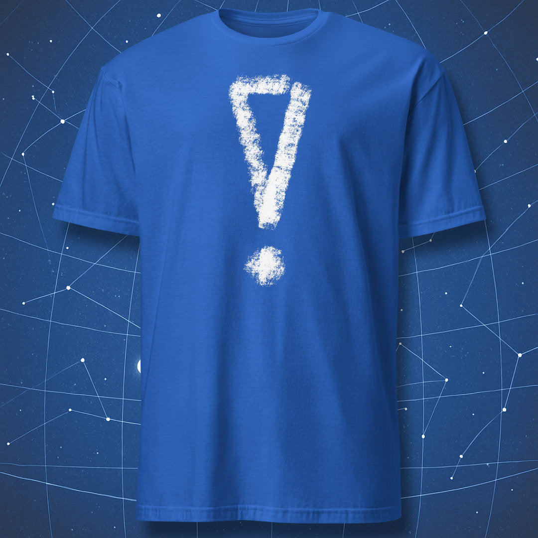Royal blue T-shirt with a white distressed exclamation mark graphic in chalk style.