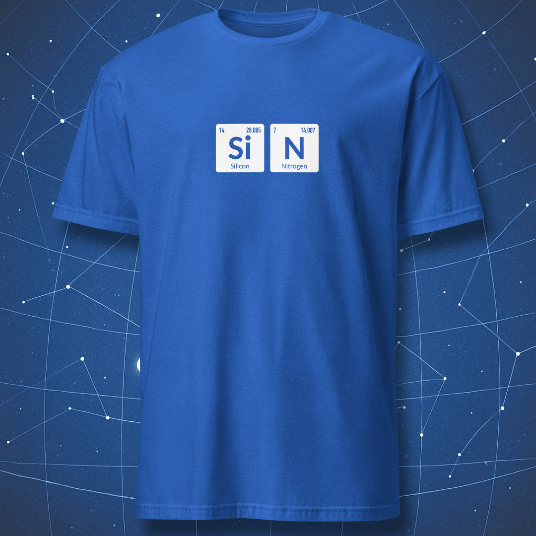 Royal blue T-shirt with SiN periodic table symbol design.