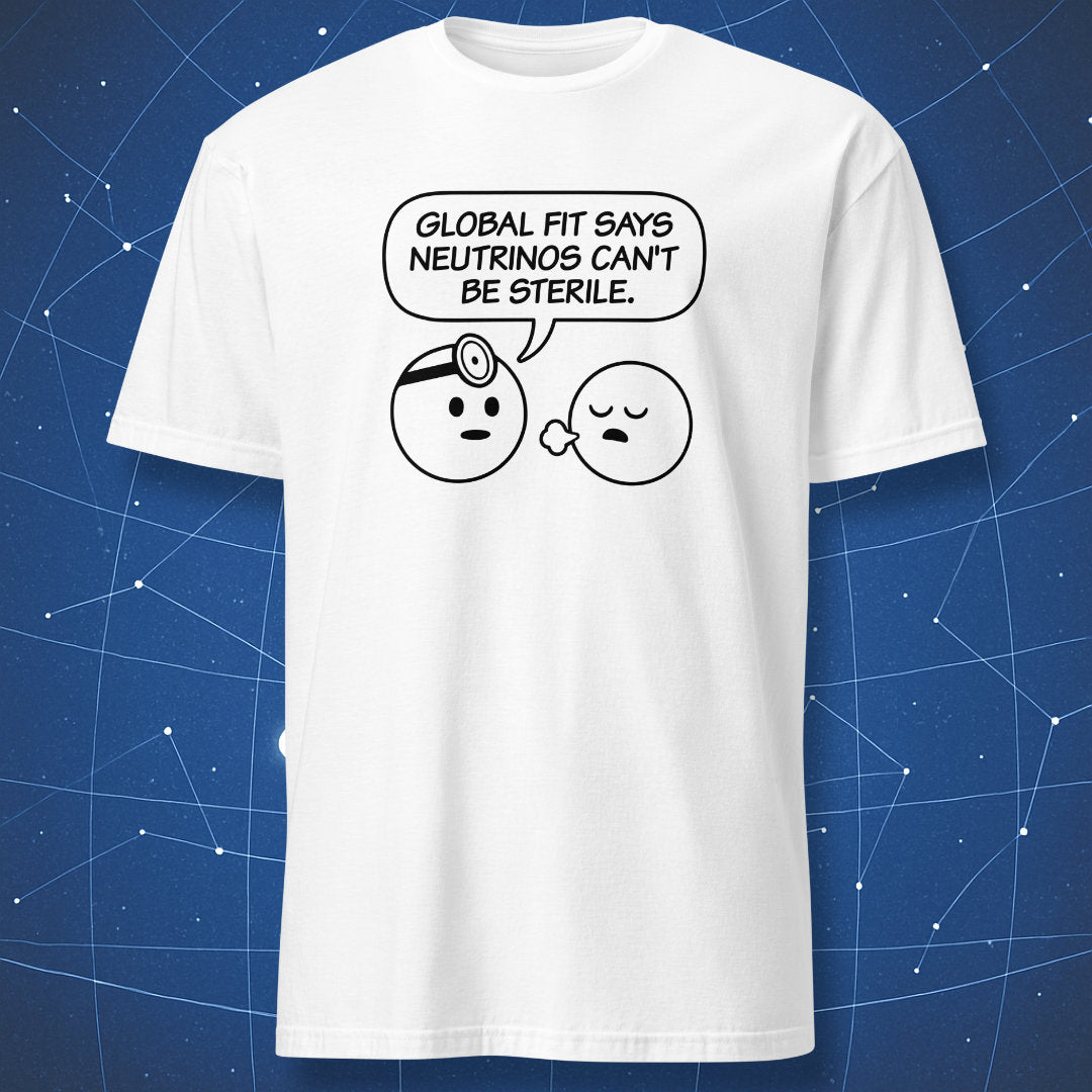 Sterile neutrino particle physics T-shirt in white with science humor illustration