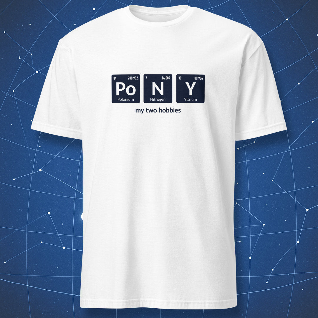 White periodic table T-shirt with Po, N and Y elements forming the word “Pony”.