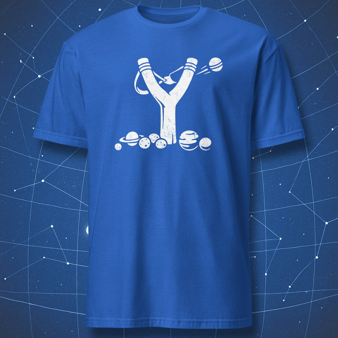 Royal blue physics T-shirt with a clean gravitational slingshot orbit graphic.