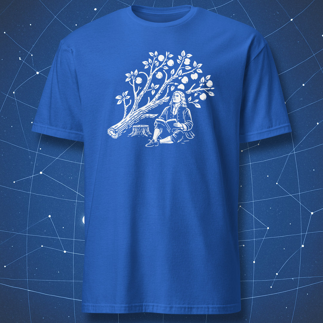 Isaac Newton apple tree science art t-shirt in blue