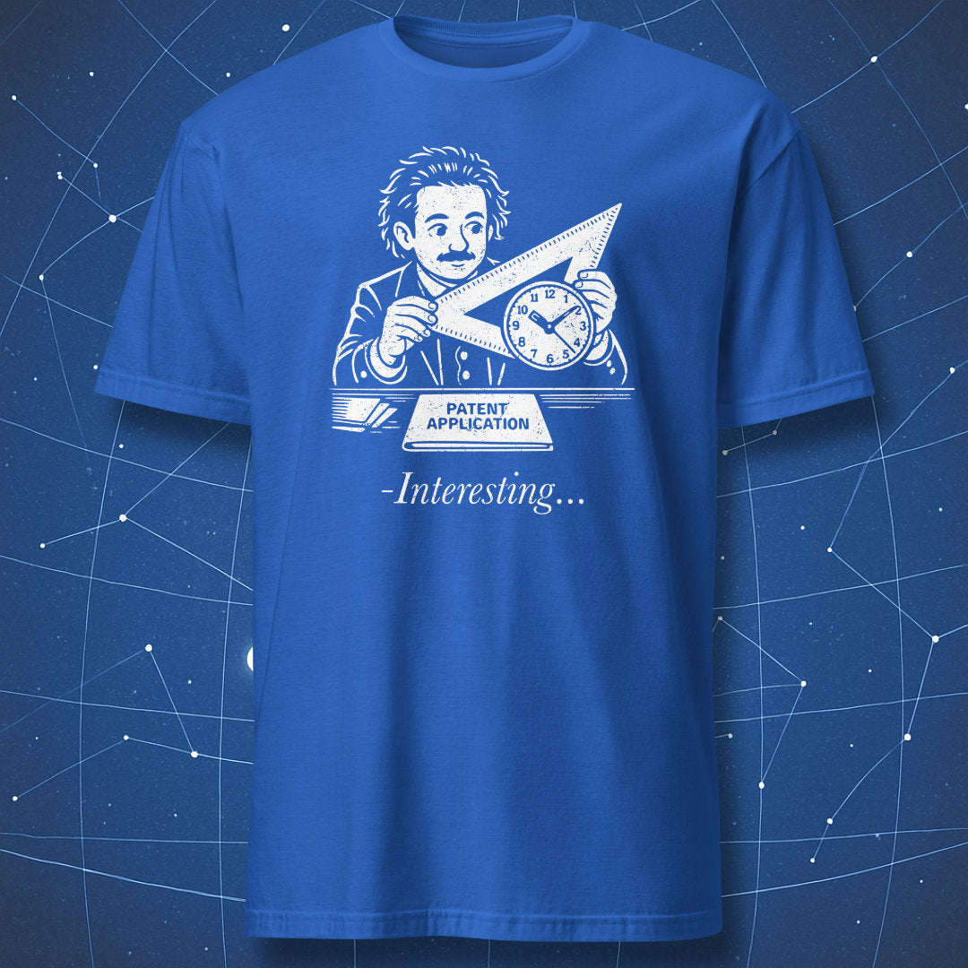 Albert Einstein physics humor t-shirt with clock and geometry illustration in blue