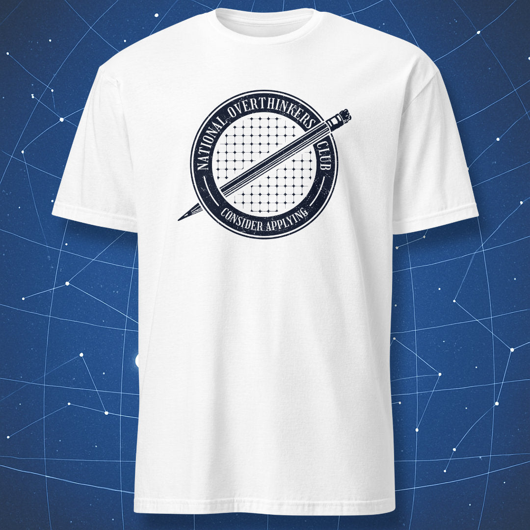 National Overthinkers Club dark seal design on white t-shirt