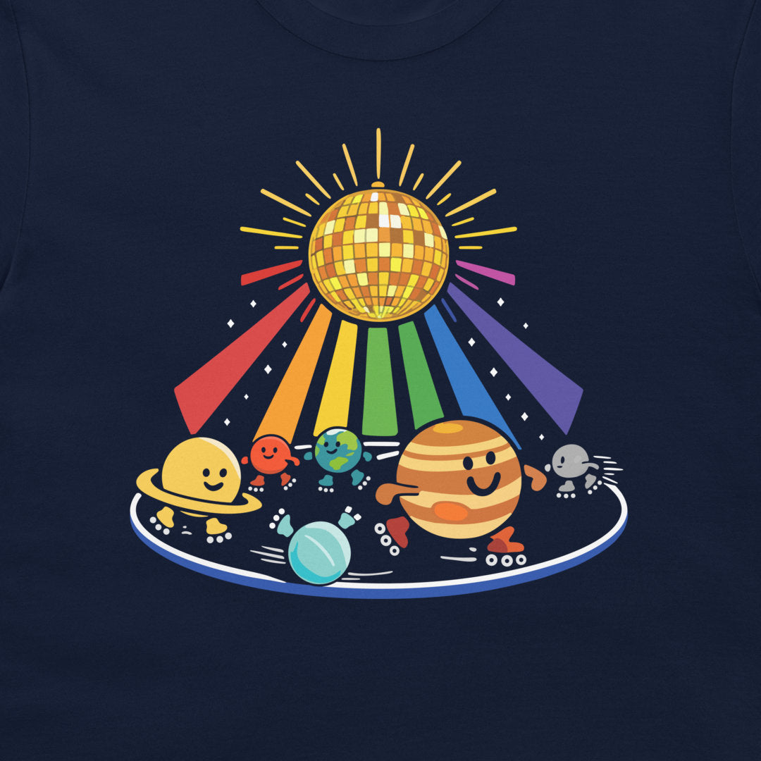 A navy blue t-shirt featuring a colorful cartoon graphic of a disco ball and planets on a circular platform.