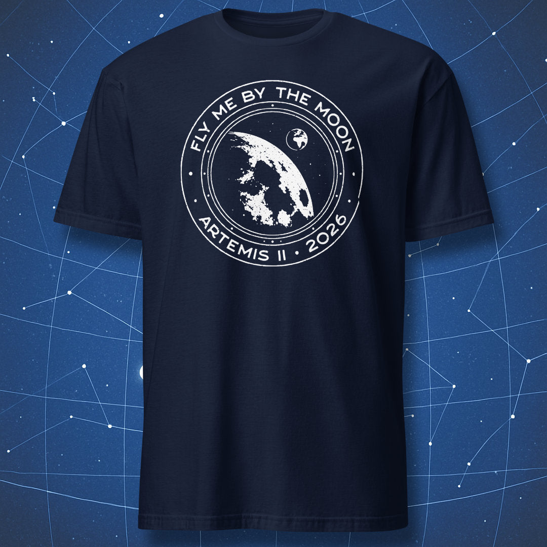 Fly Me By The Moon space t-shirt on navy blue fabric showing Moon close-up and small Earth through spacecraft window