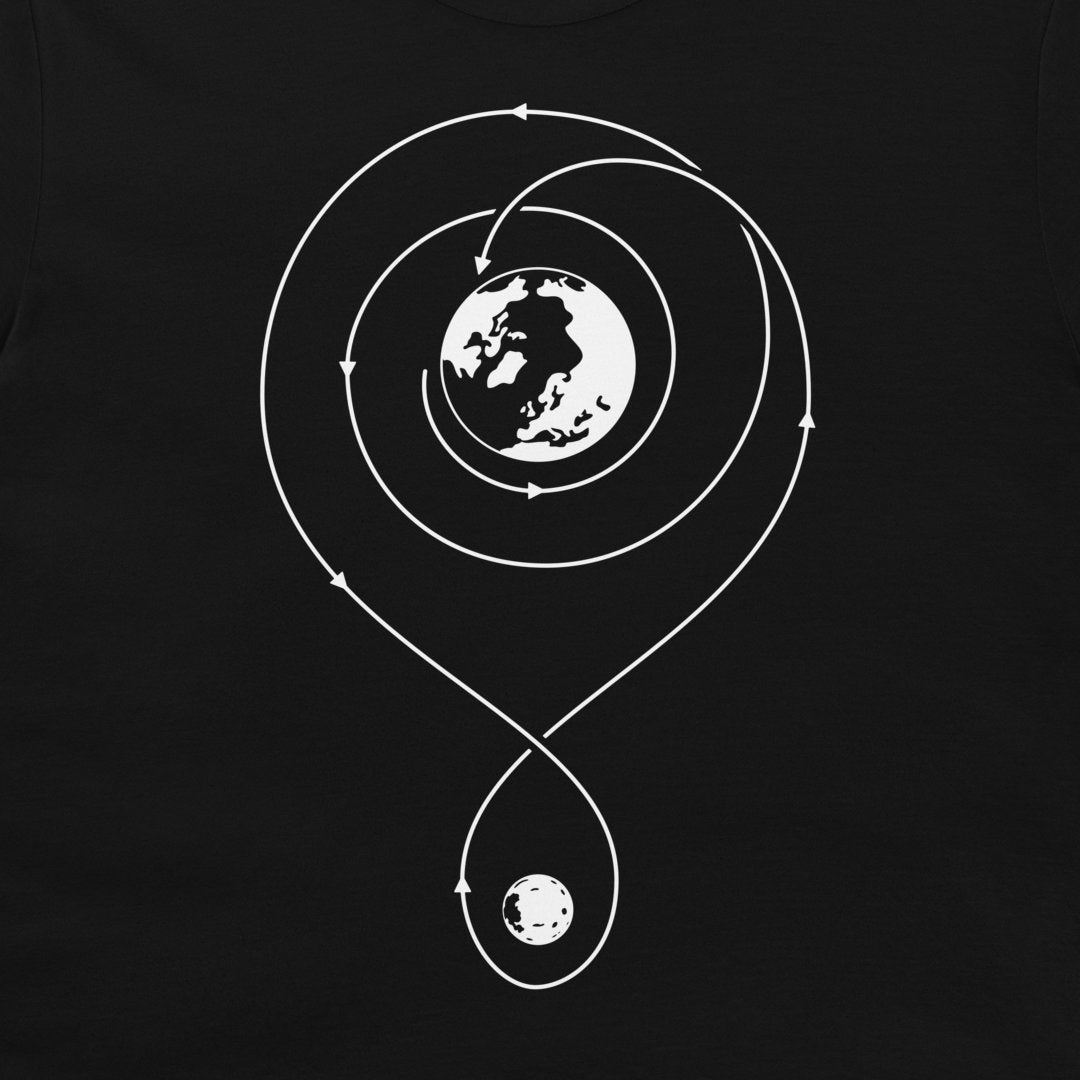 A black t-shirt featuring a white graphic print of a geocentric orbit, showing the Earth, Moon, and orbital paths.