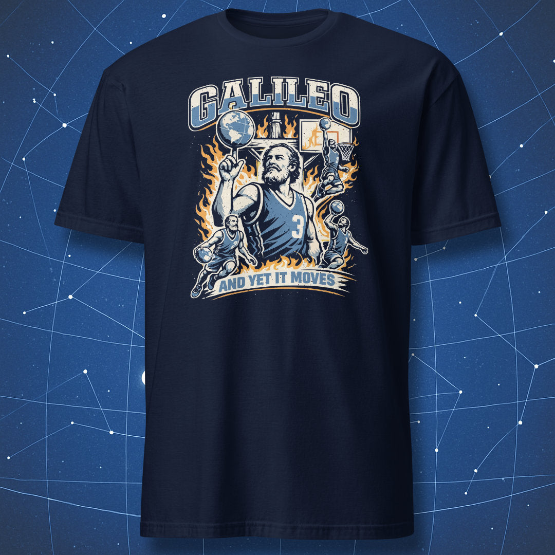 Galileo science t-shirt in navy featuring basketball parody collage with Earth as a ball and “And Yet It Moves” quote