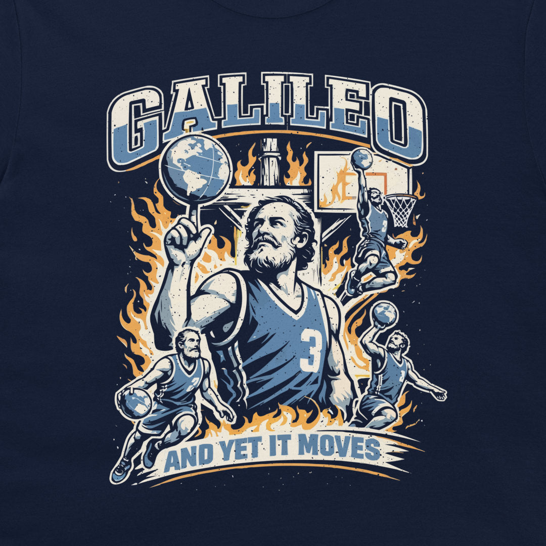 A navy blue graphic t-shirt featuring a stylized basketball player illustration with the text 'GALILEO - AND YET IT MOVES' in blue, white, and orange flame accents.