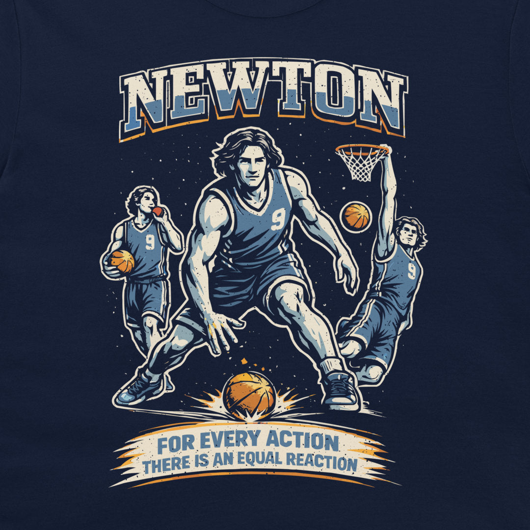 Close-up of navy blue Newton science shirt featuring basketball parody design with multiple Newton figures and physics quote about equal reaction