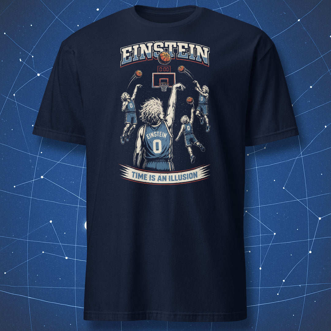 Navy blue t-shirt with Einstein clutch shot basketball design, relativity theme, multiple balls in the air at buzzer