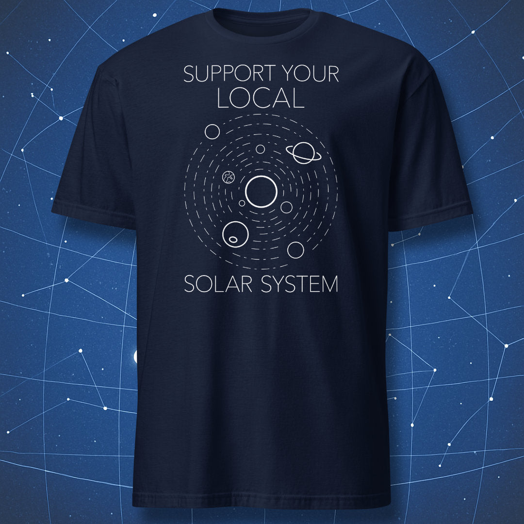 Support your local solar system t-shirt, clean white solar system diagram with circular orbits and planets on navy blue shirt