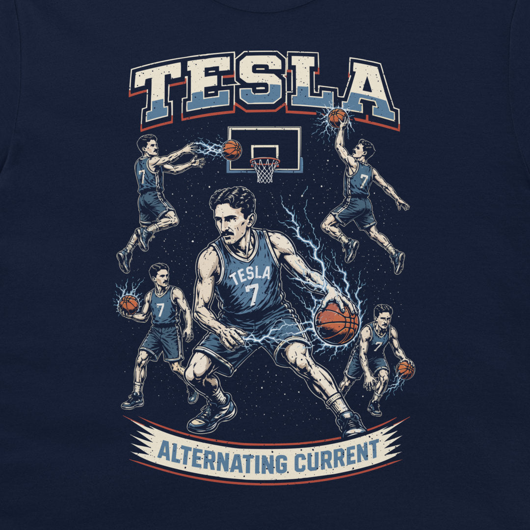 A navy blue graphic t-shirt featuring a stylized illustration of a basketball player with the name 'TESLA' and number '7' on his jersey, surrounded by lightning effects and multiple action poses of the same player, with the text 'TESLA' at the top and 'ALTERNATING CURRENT' at the bottom.
