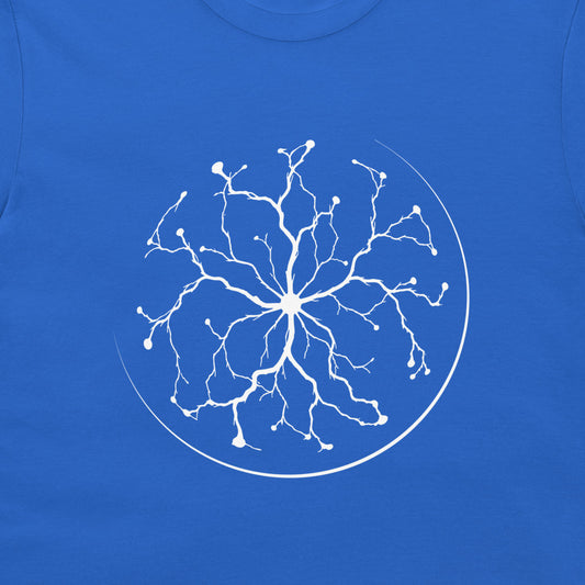 A close-up of a royal blue t-shirt featuring a white graphic print of a plasma ball on the chest.