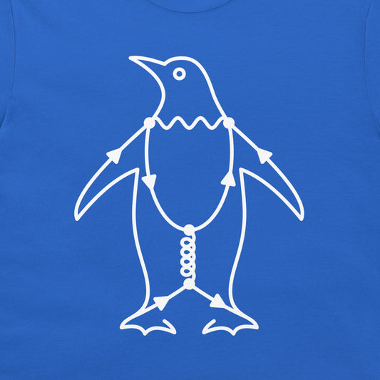 Close-up of Penguin Diagram physics t-shirt with white Feynman diagram penguin illustration on a royal blue shirt