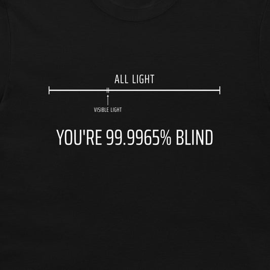 A close-up of a black t-shirt featuring a white graphic print. The design shows a light bar diagram labeled 'ALL LIGHT' and 'VISIBLE LIGHT' with the humorous text 'YOU'RE 99.9965% BLIND".